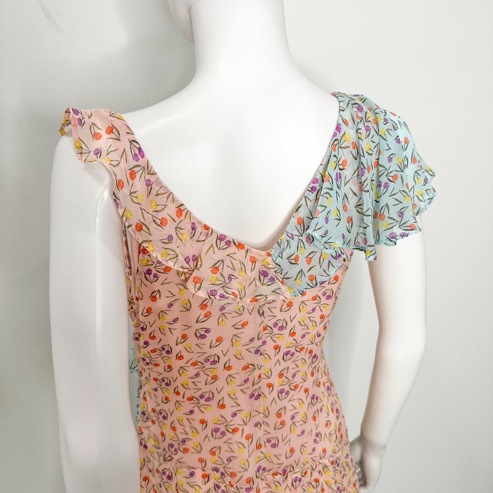 Anthropologie LAIA Mixed Floral Print Ruffle Asymmetrical Midi Dress Pink Blue - Picture 10 of 17